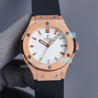 Copy Hublot Classic Fusion Ladies Watch Rose Gold White Dial Black Rubber Strap 36MM